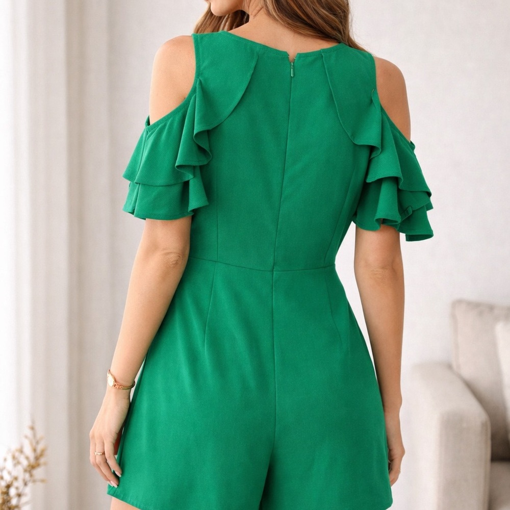 TCEC Green Cold-Shoulder Ruffle Romper - Picture 3 of 5